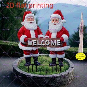 2D Festive Holiday 2 Santa Claus with Welcome Sign Garden Outdoor Stake